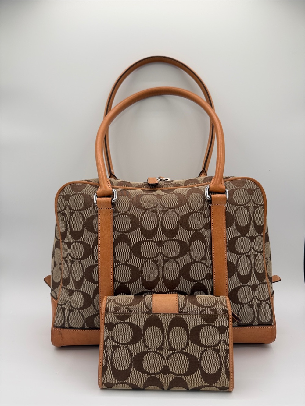 Coach Set Brown and Tan Signature Canvas Shoulder Dome Bag with Wallet 2000 - Picture 2 of 14